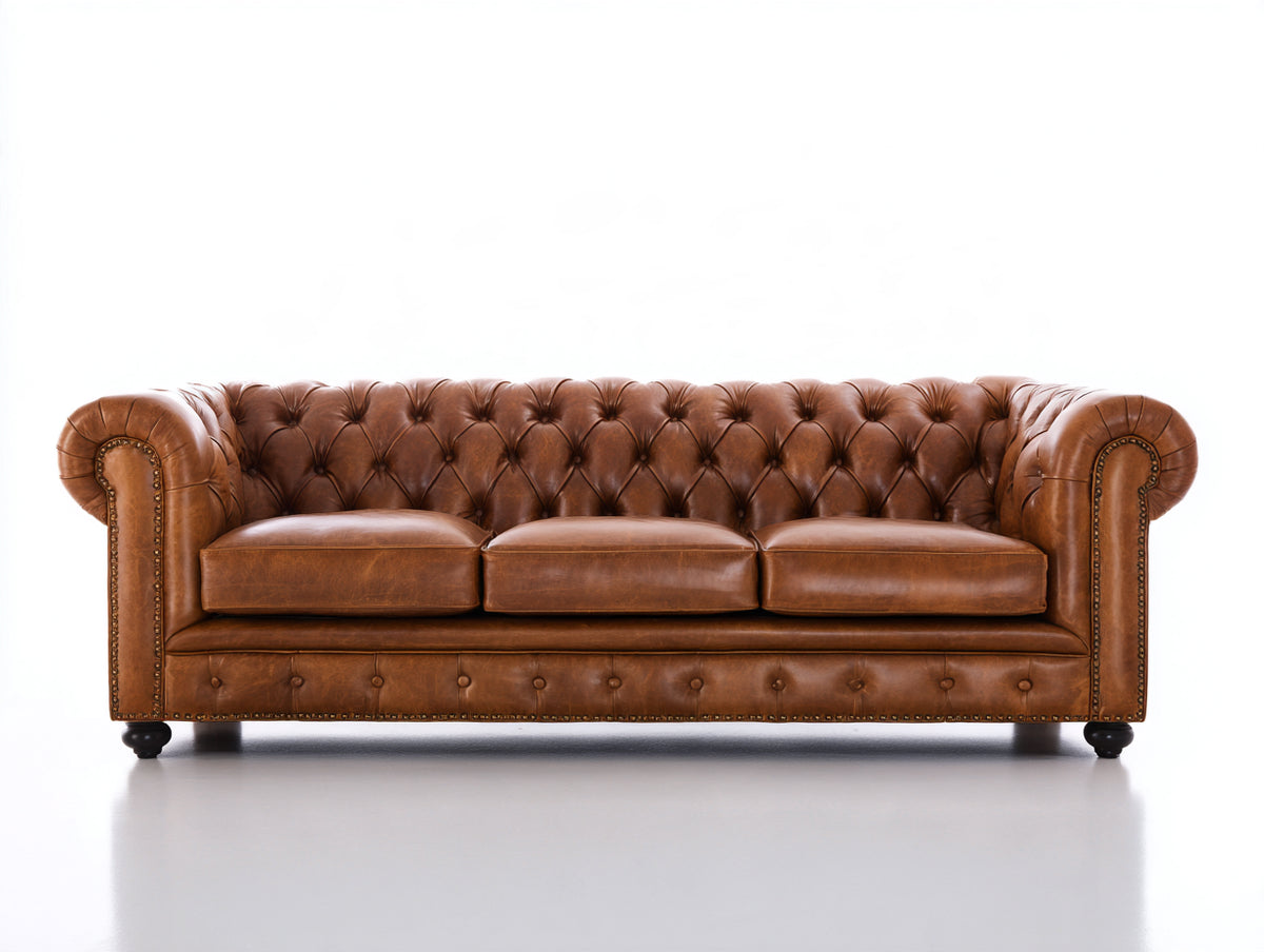 Divani a 3 posti - Pelle-Legno-Metallo - 224 x 92 x 79 cm - Marrone cognac - Stile Chesterfield vintage
