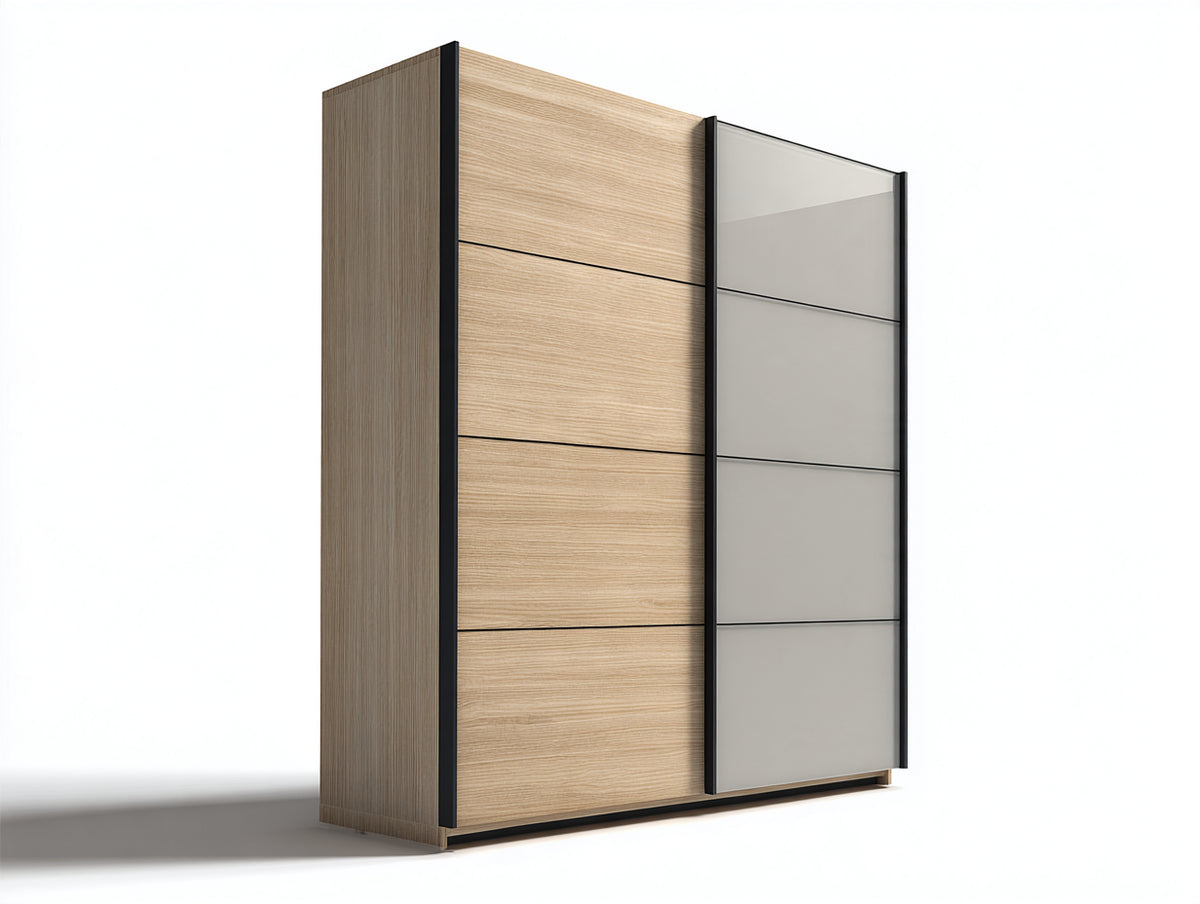 Armadio con ante scorrevoli - Legno-Vetro-Metallo - 160 x 60 x 210 cm - Legno naturale chiaro-Grigio-Nero - Moderno