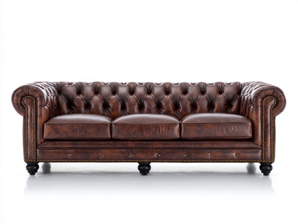 Divani a 3 posti - Pelle-Legno - 220 x 90 x 75 cm - Marrone - Stile Chesterfield