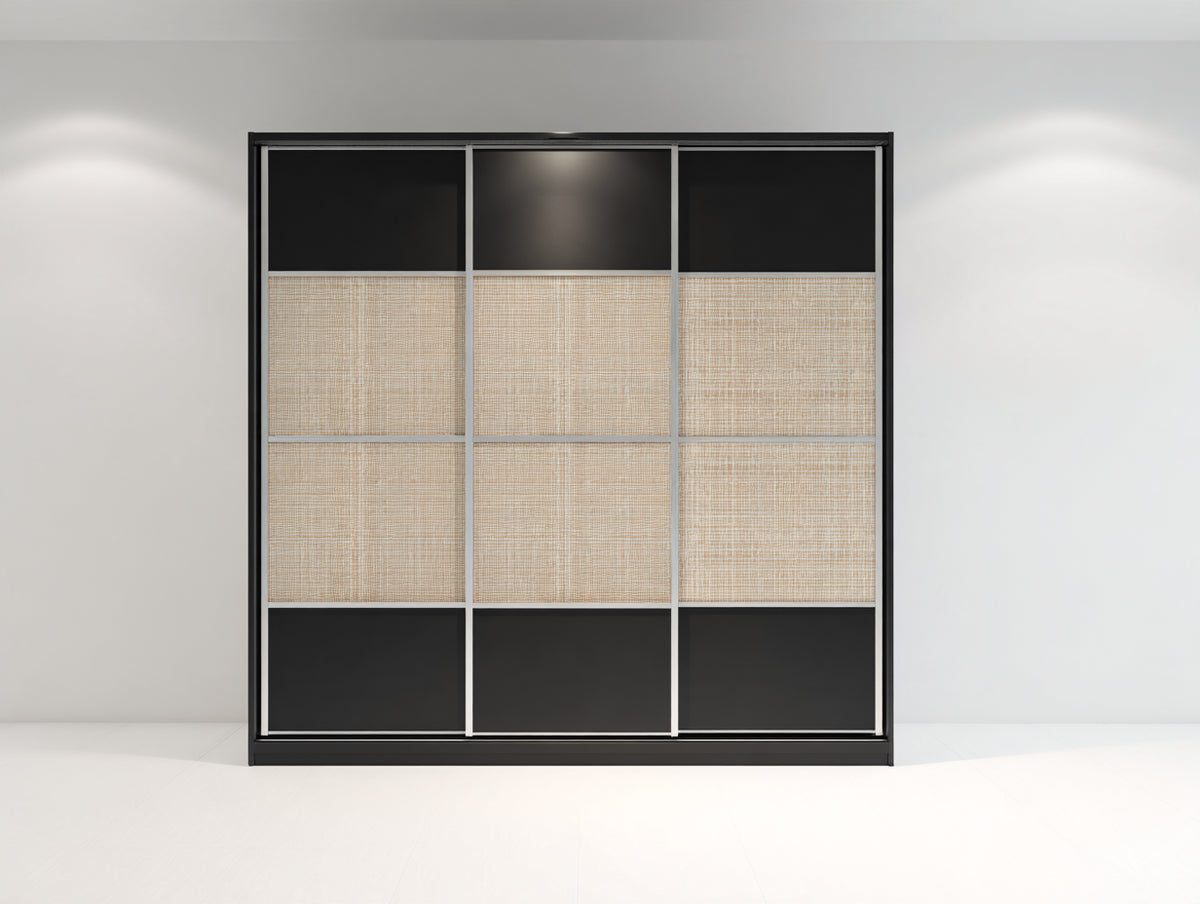 Armadio con ante scorrevoli - Legno-Tessuto-Metallo - 180 x 60 x 210 cm - Nero-Beige-Argento - Moderno