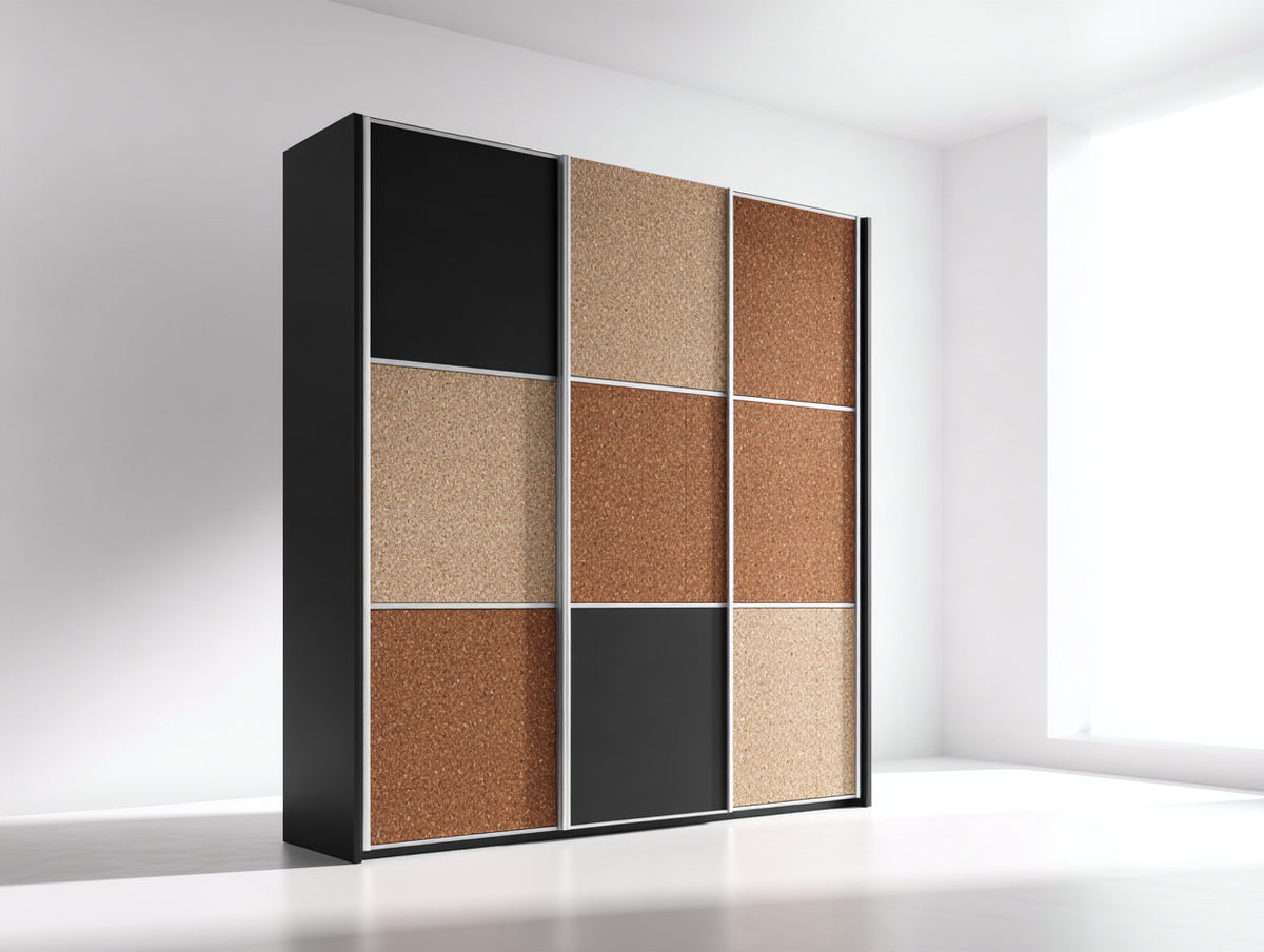Armadio con ante scorrevoli - Legno-Sughero-Metallo - 180 x 60 x 210 cm - Nero-Marrone chiaro-Marrone - Moderno