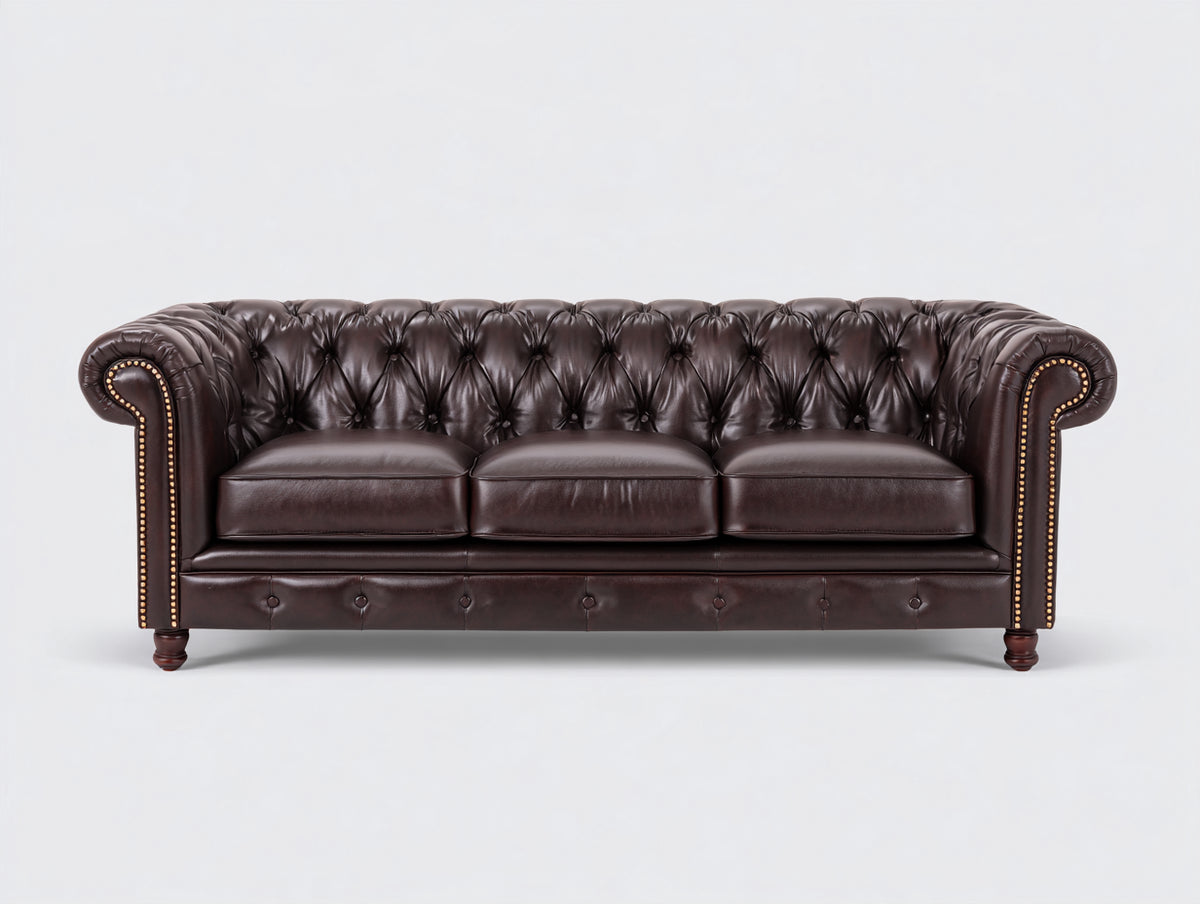 Divani a 3 posti - Pelle-Legno-Metallo - 222 x 91 x 78 cm - Marrone scuro - Stile Chesterfield classico