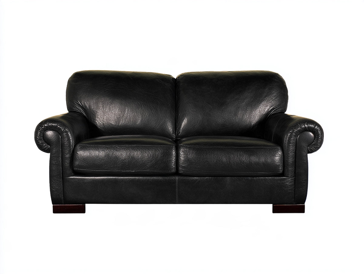 Divano a due posti - Pelle-Legno - 174 x 90 x 89 cm - Nero - Stile classico con braccioli arrotolati