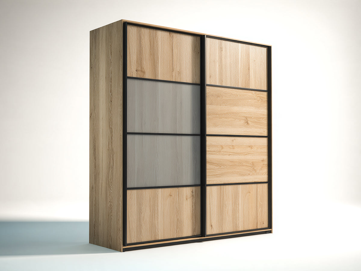 Armadio con ante scorrevoli - Legno-Metallo - 160 x 58 x 205 cm - Legno naturale chiaro-Grigio-Nero - Moderno