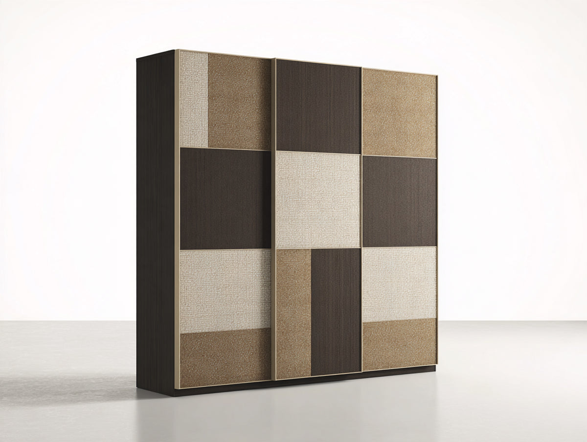 Armadio con ante scorrevoli - Legno-Tessuto-Metallo - 175 x 58 x 205 cm - Marrone scuro-Beige-Marrone chiaro - Moderno