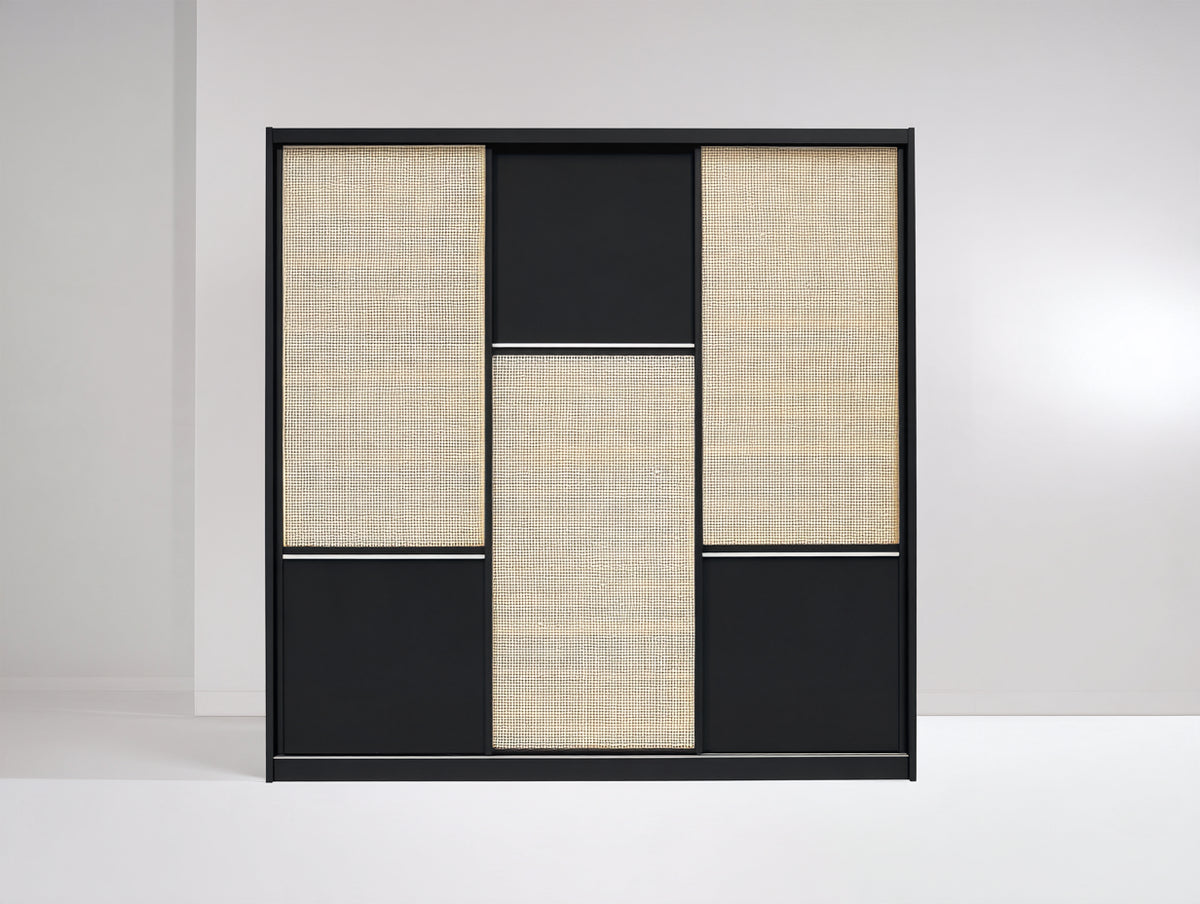 Armadio con ante scorrevoli - Legno-Rattan-Metallo - 170 x 58 x 200 cm - Nero-Beige - Moderno
