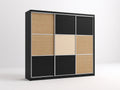 Armadio con ante scorrevoli - Legno-Rattan-Metallo - 185 x 60 x 210 cm - Nero-Beige-Argento - Moderno