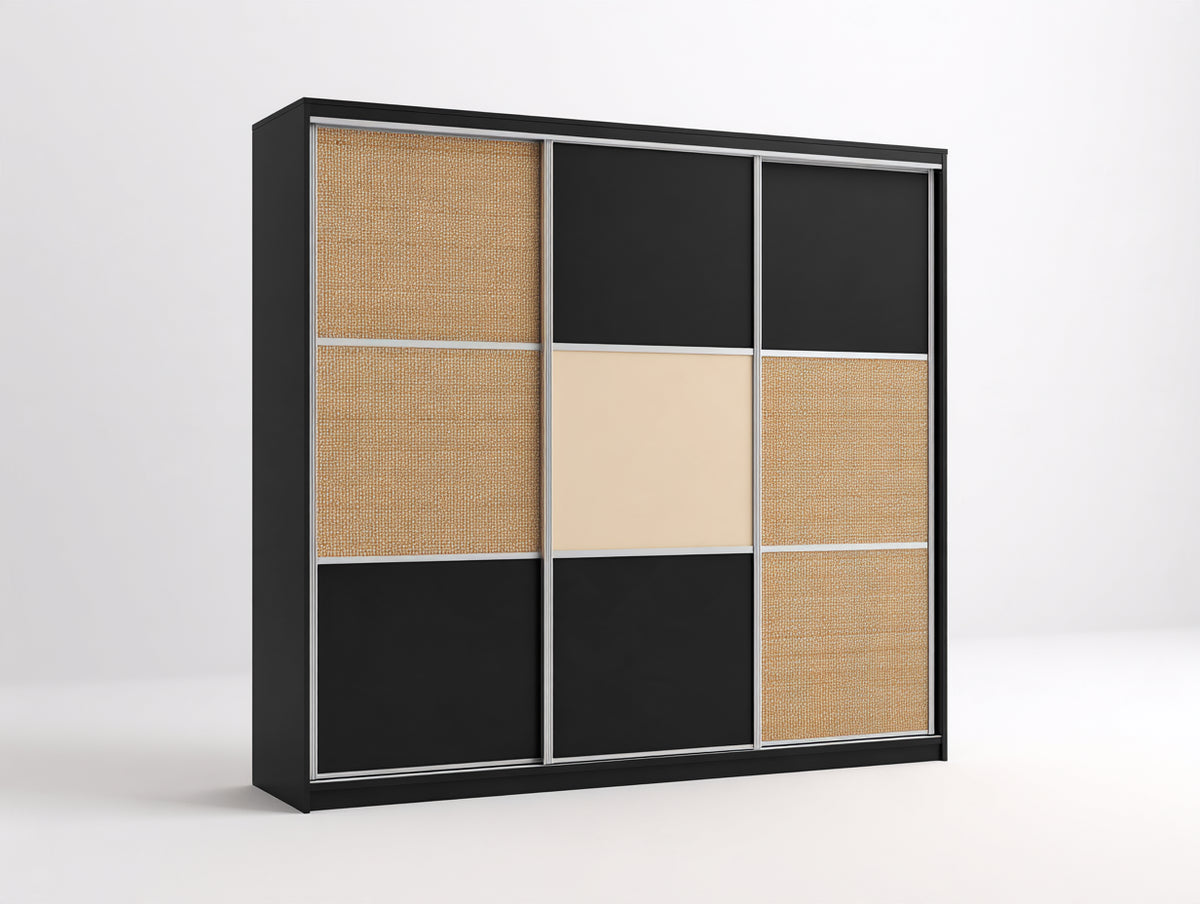 Armadio con ante scorrevoli - Legno-Rattan-Metallo - 185 x 60 x 210 cm - Nero-Beige-Argento - Moderno