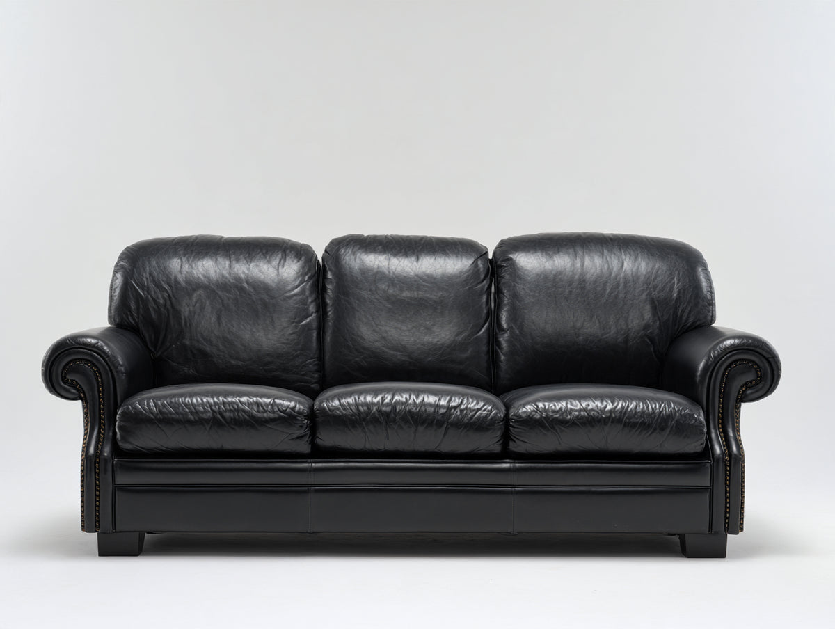Divani a 3 posti - Pelle-Legno-Metallo - 214 x 93 x 96 cm - Nero - Stile classico con braccioli arrotolati