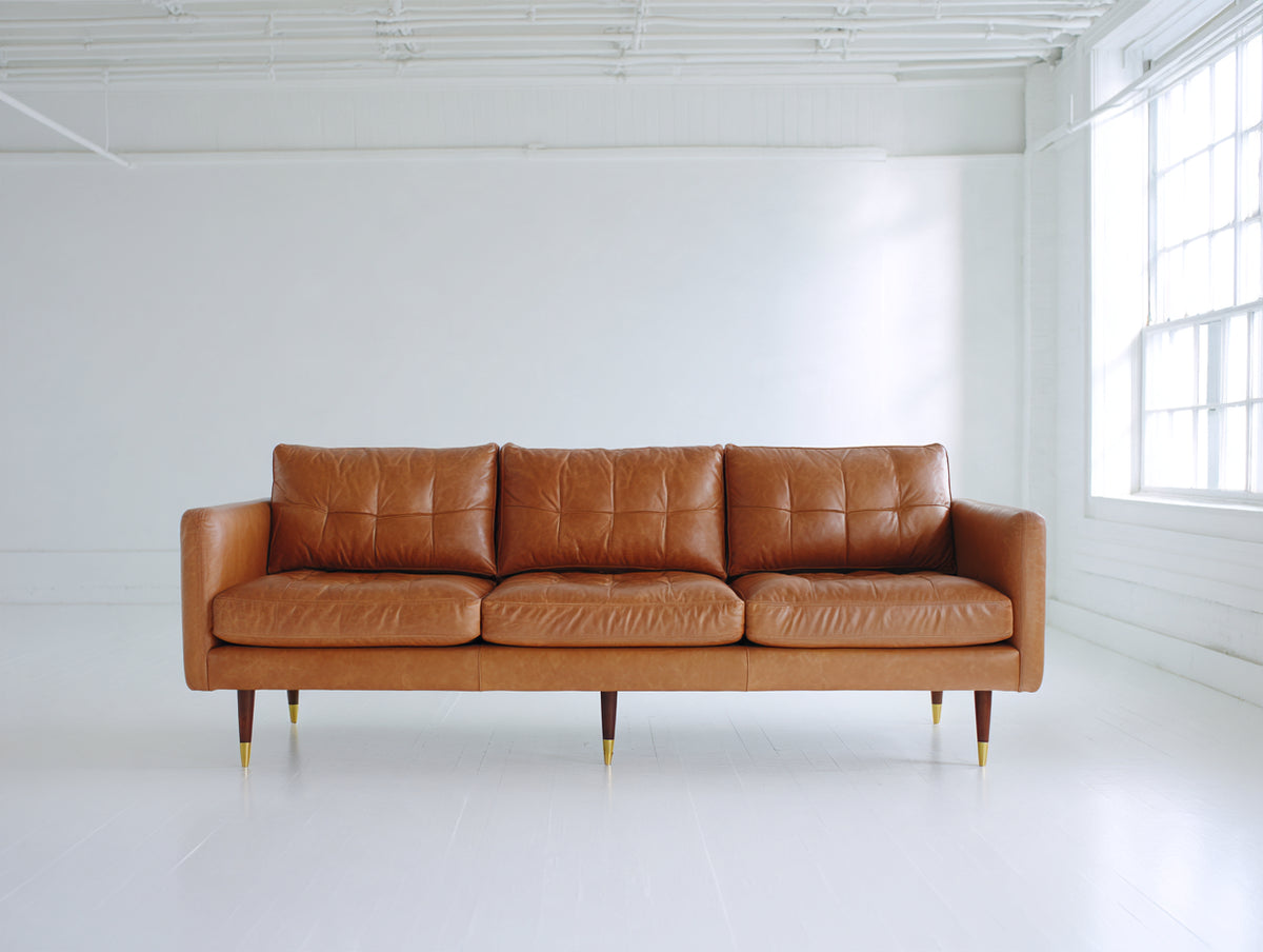 Divani a 3 posti - Pelle-Legno-Metallo - 210 x 88 x 85 cm - Marrone cognac - Stile moderno di metà secolo