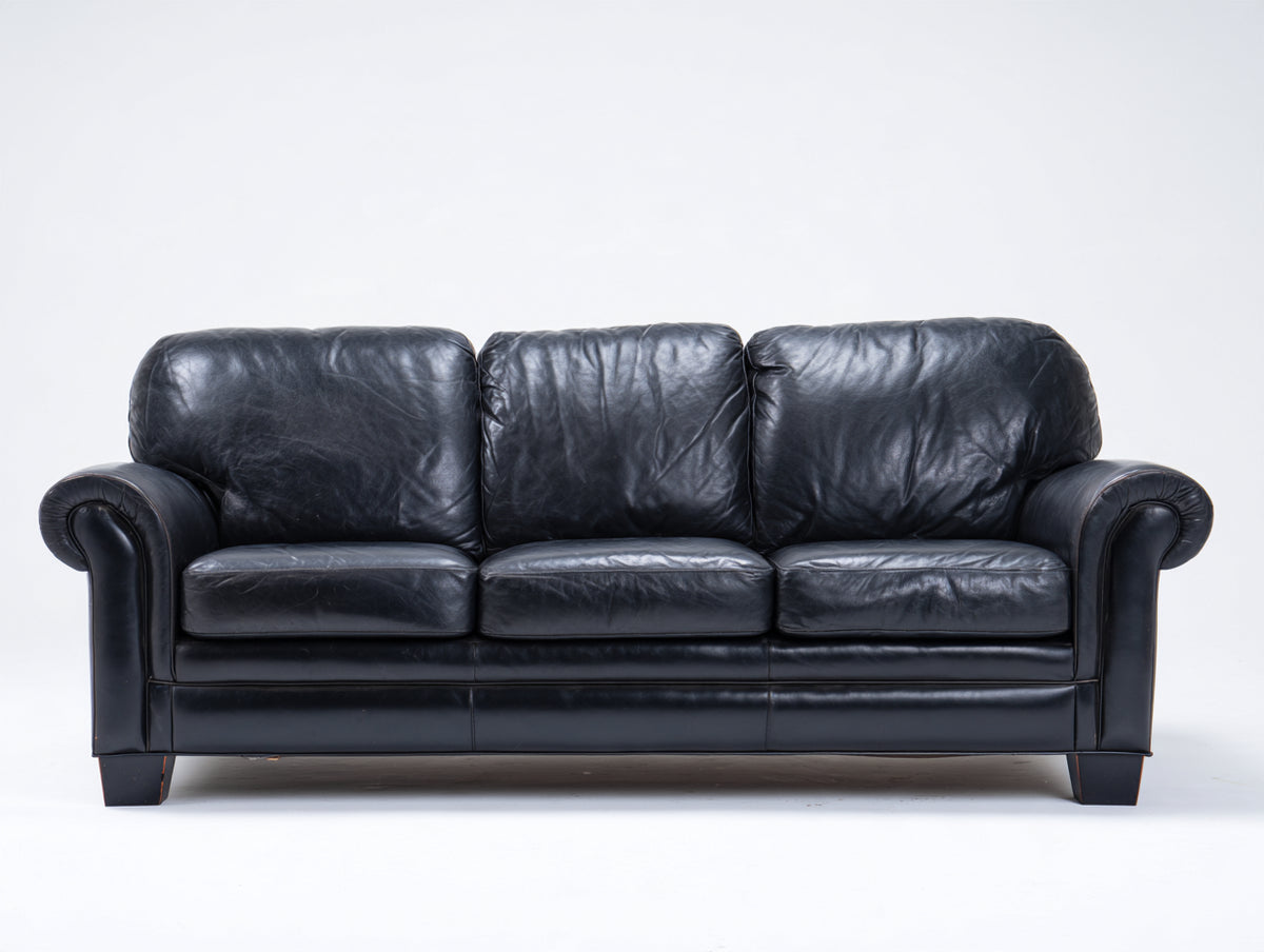 Divani a 3 posti - Pelle-Legno - 212 x 91 x 94 cm - Nero - Stile classico tradizionale