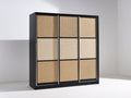 Armadio con ante scorrevoli - Legno-Rattan-Metallo - 175 x 60 x 205 cm - Nero-Beige - Moderno
