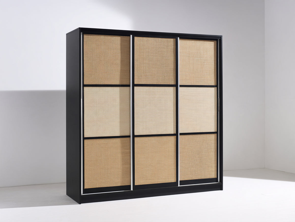 Armadio con ante scorrevoli - Legno-Rattan-Metallo - 175 x 60 x 205 cm - Nero-Beige - Moderno