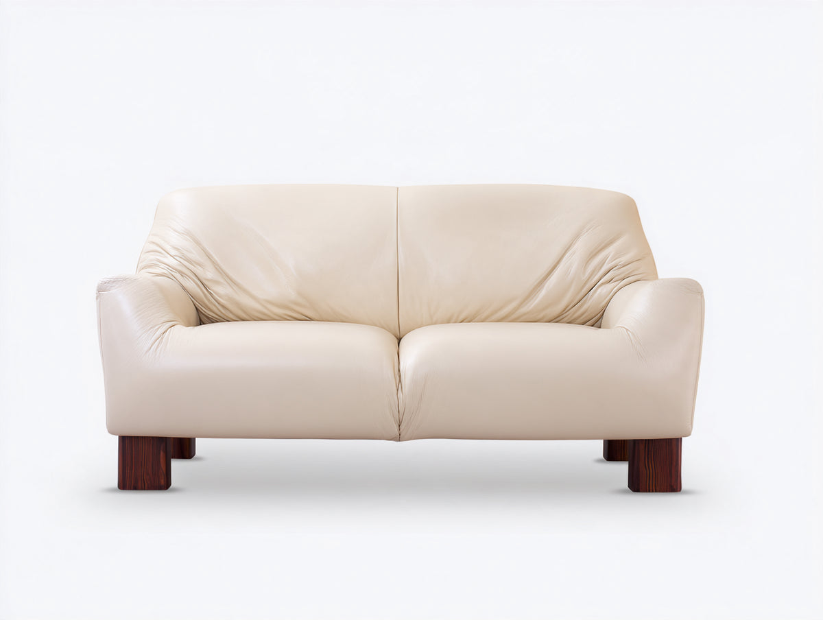 Divano a due posti - Pelle-Legno - 174 x 91 x 86 cm - Bianco crema - Stile moderno organico