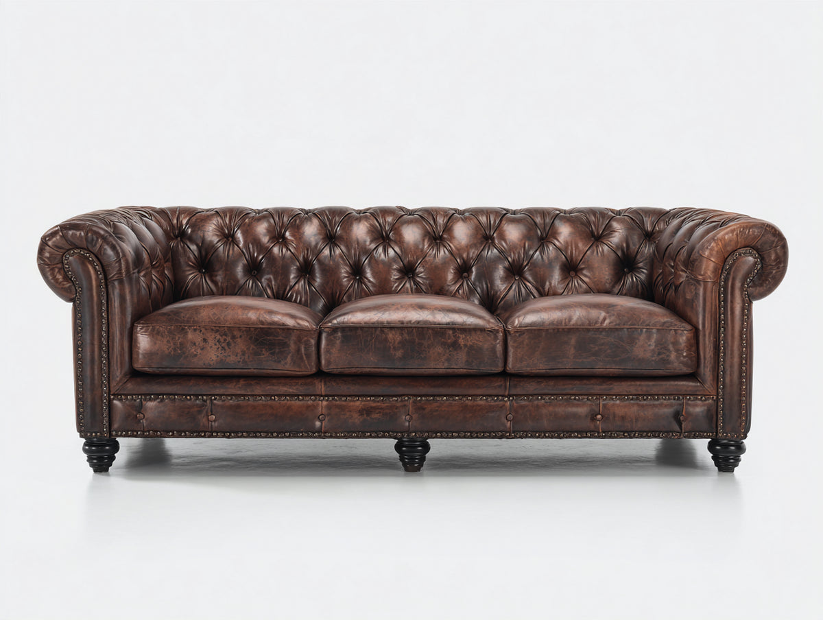 Divani a 3 posti - Pelle-Legno-Metallo - 225 x 92 x 76 cm - Marrone - Stile Chesterfield